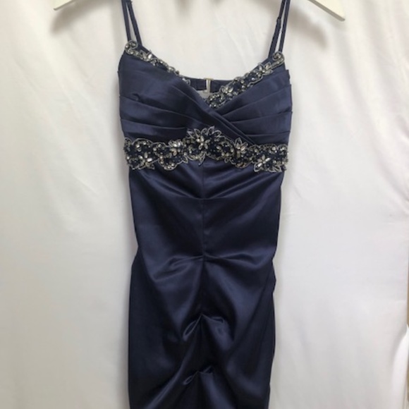 B. Darlin Navy Blue Short Formal Dress Satin-Look Size 3/4 with Sequin Bead Trim - Picture 11 of 11